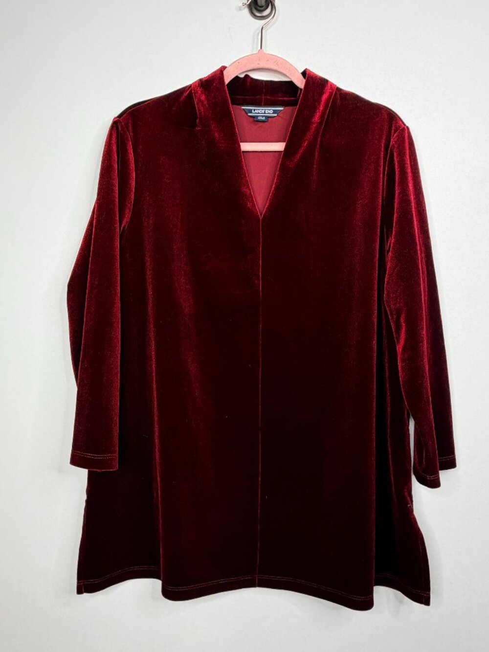 2/$30 Lands' End Velvet V-Neck Top 3/4 Sleeve Rich Burgundy Large #A4398 - Picture 4 of 10